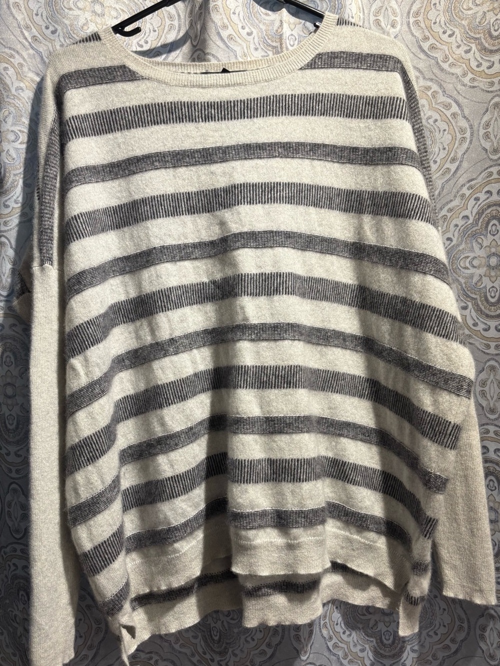 Lord & Taylor Cream and Gray Striped Scoop Neck Sweater 100% cashmere
